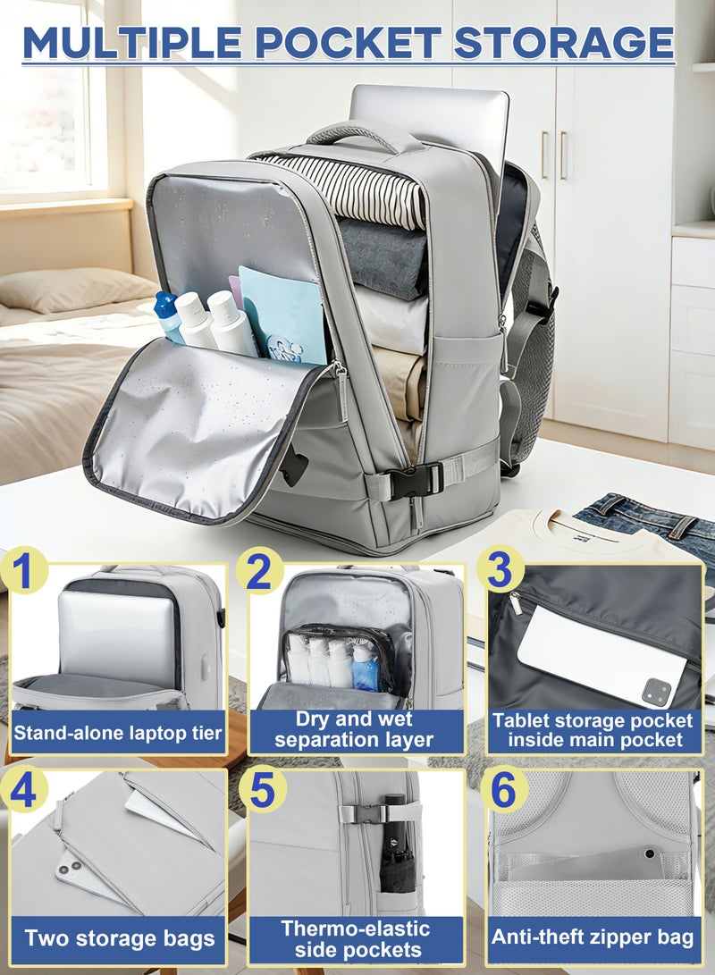 شنطة ظهر للسفر والعمل مع جيب أحذية ومخرج USB، شنطة ظهر لابتوب 15.6 بوصة للرجال والنساء، مقاومة للماء مع جيب رطب، حقيبة ظهر لرحلات العمل، رمادي - Image 4